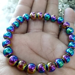 Rainbow Titanium Quartz Stone Bracelet 8 MM Healing Crystal Rainbow Crystal, Peacock Aura Crystal,Titanium Crystal Bracelet Decor-Chakra