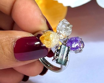 Citrine, Tourmaline, Amethyst, Herkimer Diamond Adjustable Ring (29 Carat)