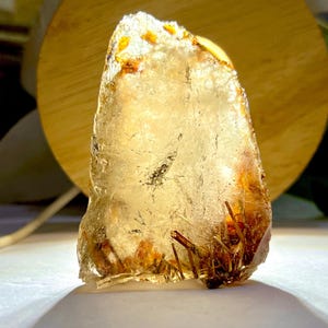 May include: A clear, irregularly shaped crystal with golden and reddish-brown inclusions. The crystal is lit from behind, creating a warm glow. The background features a wooden disc and soft, blurred greenery.