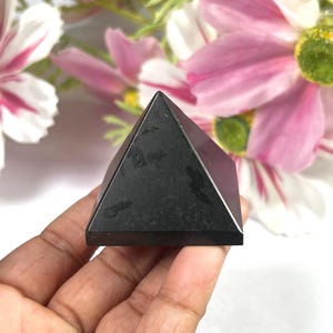 May include: A small, black pyramid-shaped object with a smooth surface. The pyramid is held in a hand, with a blurred floral background of pink and white flowers. The pyramid's shape is a classic geometric form.