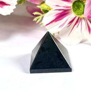 May include: A small, black pyramid-shaped stone with a smooth surface. The pyramid is set against a backdrop of pink and white flowers. The pyramid's shape is a classic geometric form.