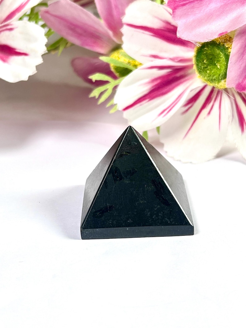 May include: A small, black pyramid-shaped stone with a smooth surface. The pyramid is set against a backdrop of pink and white flowers. The pyramid's shape is a classic geometric form.