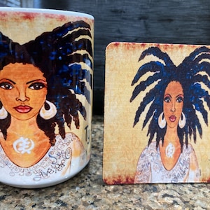 Personalized Love Spirit Black Woman Ceramic Mug 11 oz & Hardback Coaster Set. Great gifts for family, friends and Church members!!