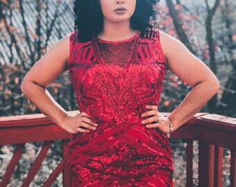red and white sequin dress