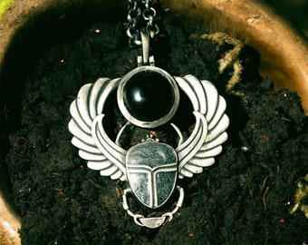 SCARAB ONYX NECKLACE Sterling Silver, Ancient Egyptian Beetle Amulet, Rebirth