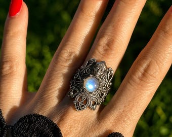 HECATE RING LABRADORITE Triple Goddess Sterling Silver 925K Handcrafted Ring