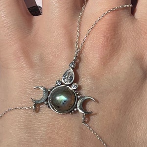 Labradorite TRIPLE MOON  Hand Chain Hecate's Symbol Sterling Silver 925K Hecate sign. Moonstone Bracelet