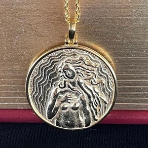 APHRODITE LOVE Goddess Waterproof Gold Sterling Silver 925K Handcrafted Coin Necklace with Chain, Celtic Pendant, Greek Mythology Jewelry