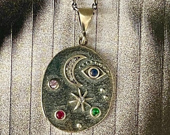 Stardust Sterling Silver Galaxy Necklace. Celestial Evil Eye Coin Necklace with Colorful Stones| Sun, Moon, Star Pendant.