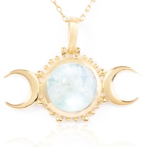 THREE MOONS MOONSTONE Gold Dipped Sterling Silver 925K Handcrafted Witchy Necklace with  Chain. Triple Moon