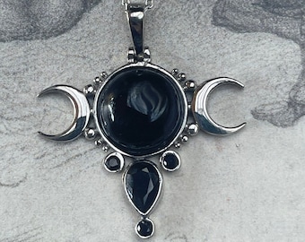 ONYX TRIPLE MOON, Black Moon,Phases, Hecate&#39;s Symbol Goddess Sterling Silver 925K Handcrafted Witchy Necklace with beaded chain.Hecate sign