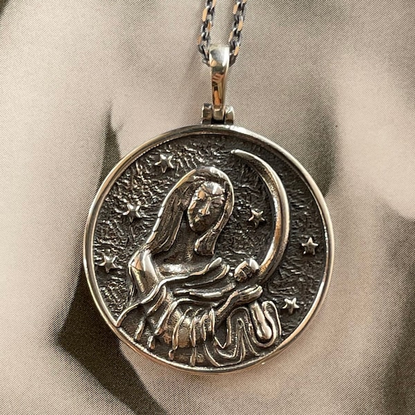 SELENE Diosa de la Luna Plata de Ley 925K Collar de monedas hecho a mano, Ocultismo, Colgante celta, Joyería de mitología griega