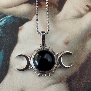 ONYX HECATE&#39;S Triple Moon Sterling Silver 925K Handcrafted Witchy Necklace with Chain.