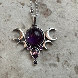 Amethyst Triple Moon Necklace: Sterling Silver Hecate Goddess Pendant