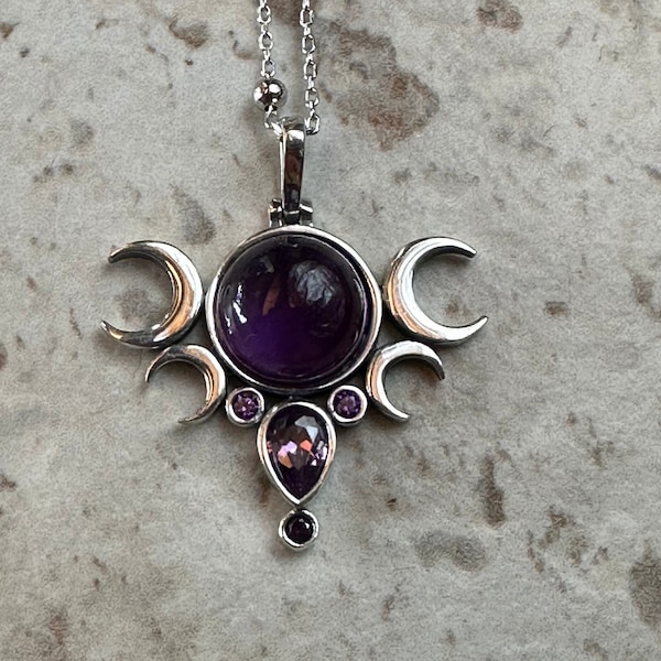 AMETHYST TRIPLE MOON, Purple Moon,Phases, Hecate's Symbol Goddess Sterling Silver 925K Handcrafted Witchy Necklace with beaded chain.
