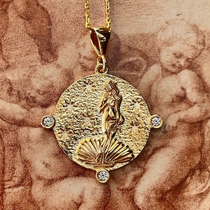 De geboorte van Venus, godin van de liefde- 14K verguld sterling zilver 925K handgemaakte munt ketting met CZ stenen, Griekse mythologie sieraden