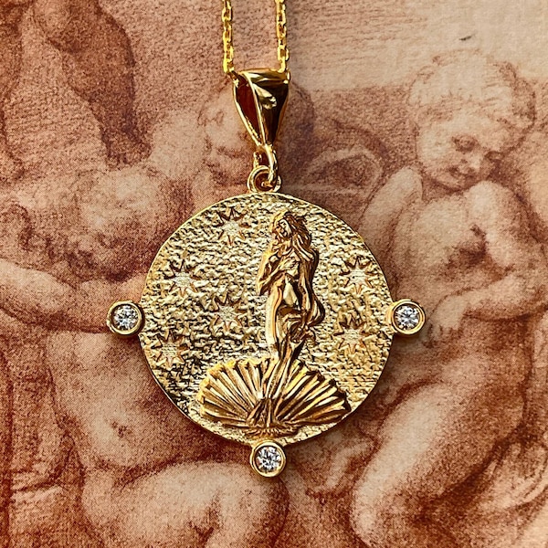 The Birth of Venus, Goddess of Love- 14K Gold Plated Sterling Silver 925K Handcrafted Coin Necklace with CZ stones, Greek Mythology Jewelry