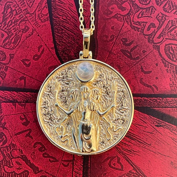 HECATE MOONSTONE Waterproof Gold Filled Triple Goddess Sterling Silver 925K Handcrafted Coin Necklace, Occult, Zultanite Hecate