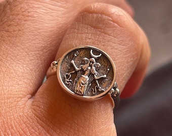 Hecate Ring: Sterling Silver Triple Goddess Coin Ring, Witchy Occult Jewelry