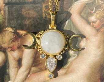 Hecate Triple Moon Goddess Necklace: Sterling Silver Moonstone Pendant