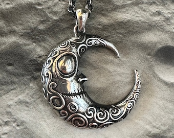 GOTHIC CRESCENT MOON Necklace • 925 Sterling Silver, Whimsical Lunar Face Pendant, Birthday Gift