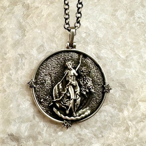 VENUS LOVE Goddess -  Plated Sterling Silver 925K Handcrafted Coin Necklace with CZ stones, Greek Mythology Jewelry