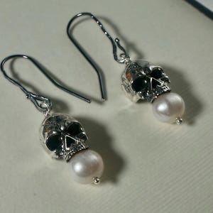 MEMENTO MORI Skull Earrings | Sterling Silver or 14k Gold Vermeil | Pearl Drop Gothic Earrings | Handmade Death Jewelry