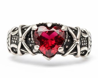 GOTHIC RED HEART Ring 925k Sterling Silver, Engagement Ring