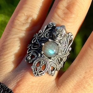 HECATE RING LABRADORIT Dreifache Göttin Sterling Silber 925K Handgefertigter Ring
