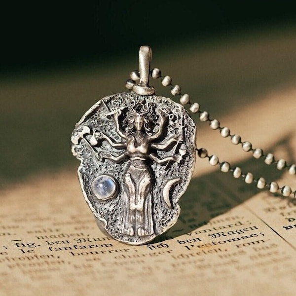 HECATE GODDESS Of WITCHCRAFT Moonstone Talisman Handcrafted  Silver Necklace