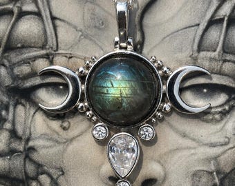 Labradorite Triple Moon Necklace: Sterling Silver Hecate Goddess Pendant