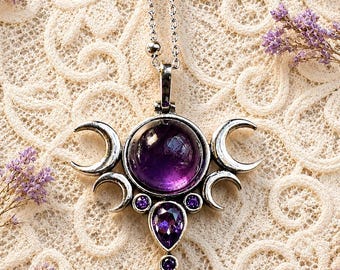 Amethyst Triple Moon Necklace: Sterling Silver Hecate Goddess Pendant