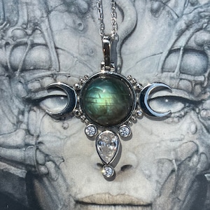 Labradorite Triple Moon Necklace: Sterling Silver Hecate Goddess Pendant