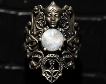 HECATE RING MOONSTONE Triple Goddess Sterling Silver 925K Handcrafted Ring