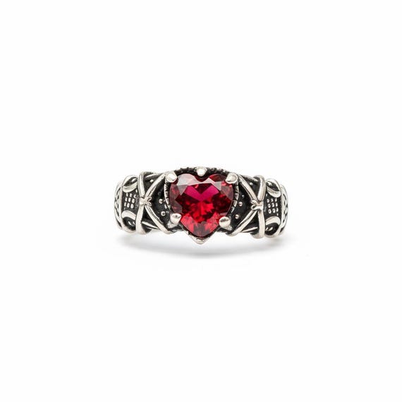 Bague Cœur En Argent 925 Avec Grenat - Style Gothique/Mariage - Fait Main - Neuf