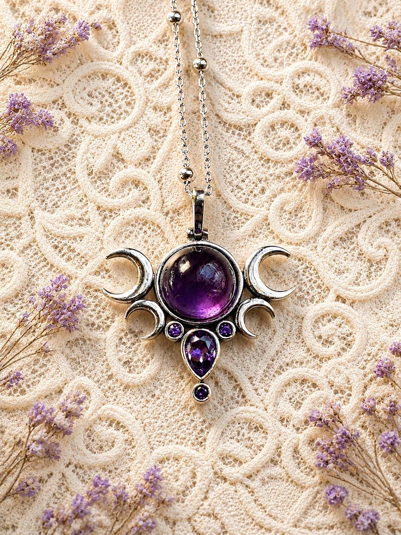 Amethyst Triple Moon Necklace: Sterling Silver Hecate Goddess Pendant image 1