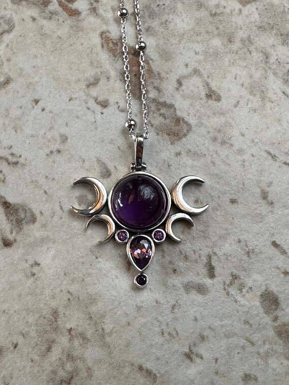Amethyst Triple Moon Necklace: Sterling Silver Hecate Goddess Pendant