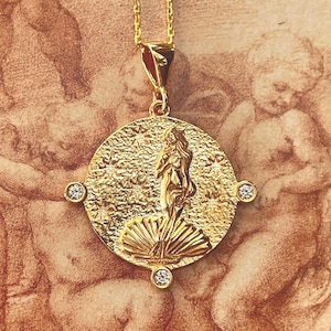 Birth of Venus Coin Necklace • 925 Sterling Silver • 14K Gold Plated Option • CZ Accents