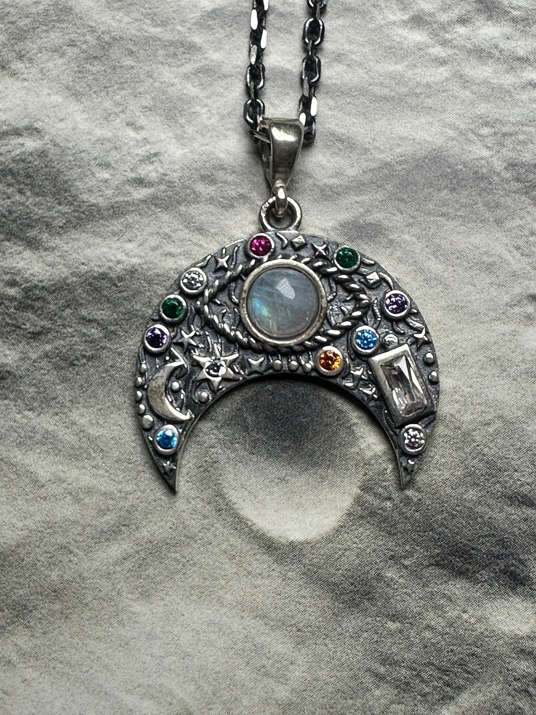 MOONSTONE CRESCENT MOON Necklace • 925 Sterling Silver , Third Eye Evil ...