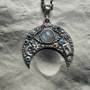 MOONSTONE CRESCENT MOON Necklace • 925 Sterling Silver , Third Eye Evil Eye Talisman, Birthday Gift