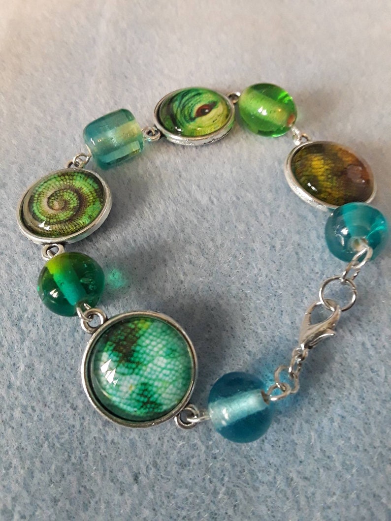 Chameleon Cabochon Charm Link Bracelet With Czech Glass Etsy