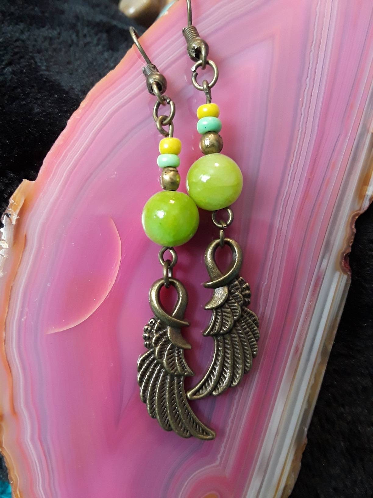 PCB Enterprises Handcrafted Crystal Beaded Drop Dangle Earrings with Angel Wing Charm