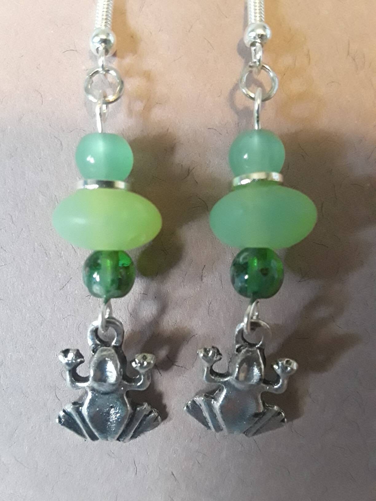 Silver Frog Drop Earrings with Czech glass beads | Etsy