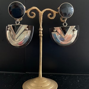 Fab 1980s Art Deco style drop earrings. Silver, black onyx and acrylic mix. Exc cond.