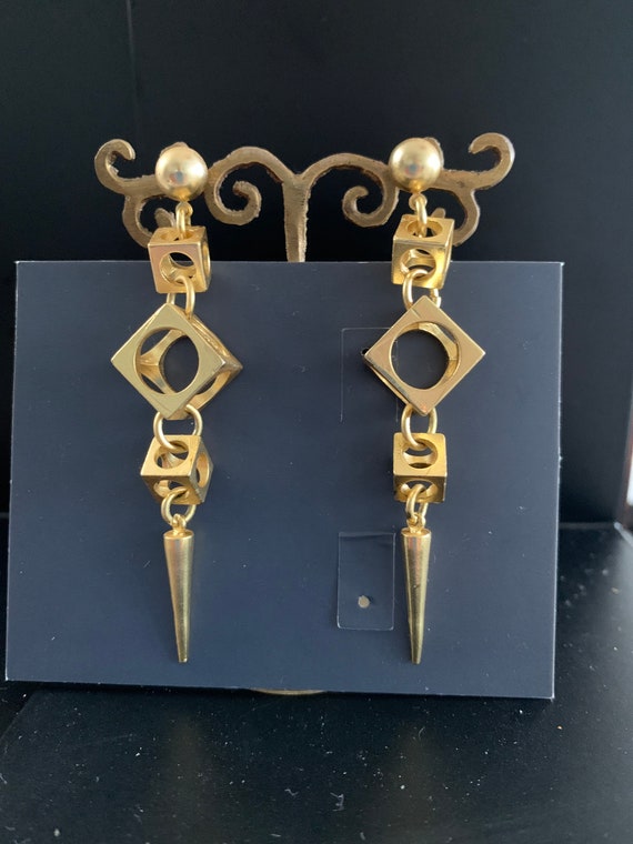 Gorgeous long drop gold finish earrings. Fab geom… - image 2