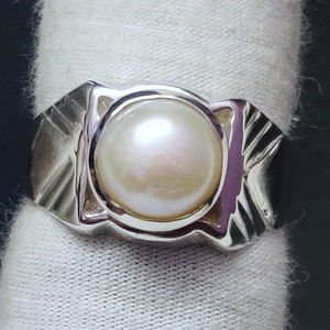 Silver Pearl Ring Men 9 mm Round Pearl Band Mens Pearl Ring Synthetic Pearl Ring For Men Heavy Silver Pearl Ring