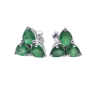 Silver Emerald Flower Stud Earrings Tiny Emerald Ear Studs May Birthstone Stud Earrings Emerald Earstuds For Her Pear Flower Earrings