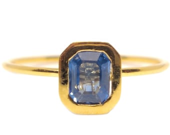 18K Gold Blue Sapphire Ring, Emerald Cut, September Birthstone