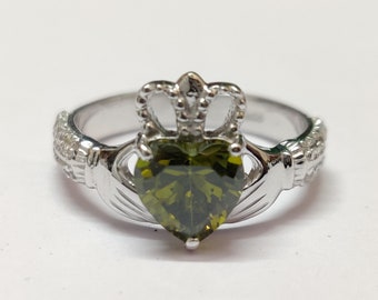 Sterling Silver Claddagh Ring Silver Irish Ring Peridot Color CZ Heart Ring Silver Promise Ring 925 Sterling Silver Irish Claaddagh Ring