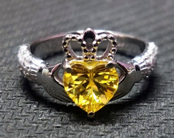 Heart Claddagh Band Sterling Silver Irish Claddagh Ring Yellow Color CZ Heart Ring Silver Heart Promise Ring Yellow Heart Valentine Ring